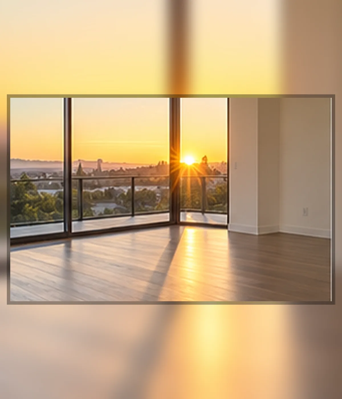 Una habitación terminada y vacía al atardecer, con el sol bajo filtrándose por el cristal de suelo a techo sobre los suelos de madera