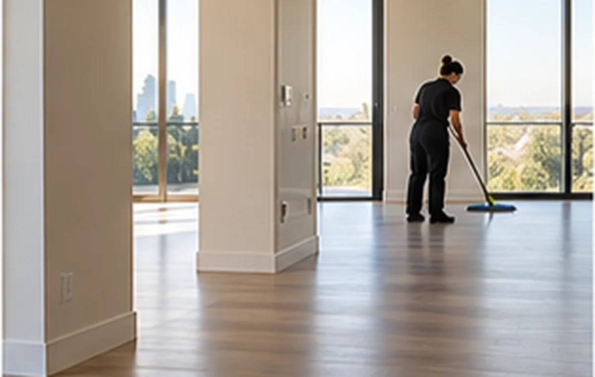Una profesional de limpieza friega el suelo de un apartamento vacío con vista a la ciudad